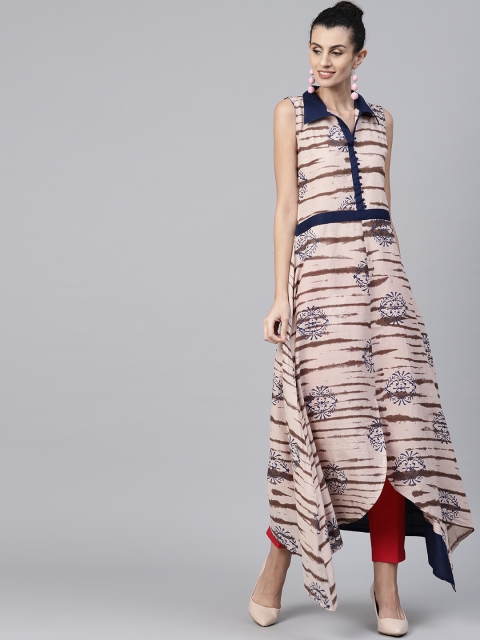 

Nayo Women Beige & Navy Blue Printed A-Line Kurta