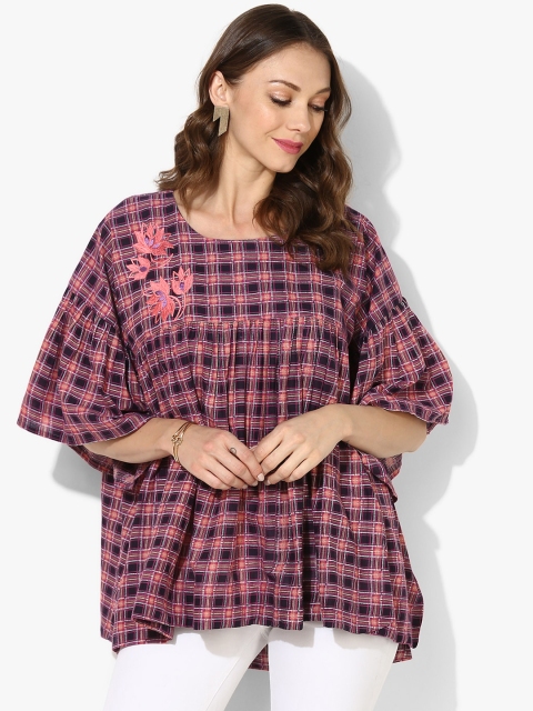 

Round Neck Printed Cotton Top With Embroidered Yoke And High Low Hem Detail, Pink