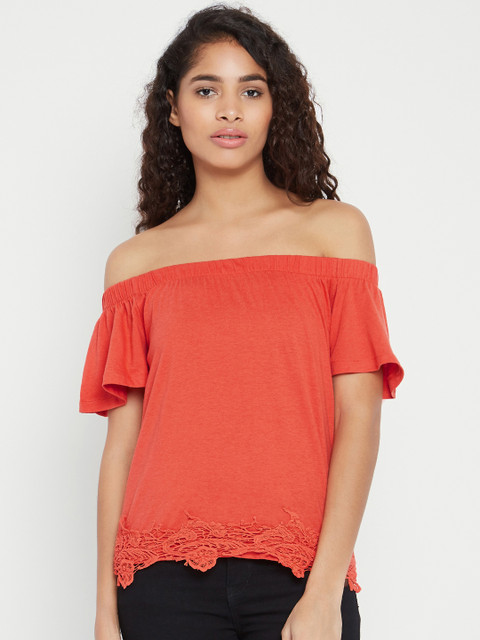 

Cottonworld Women Orange Solid Bardot Top