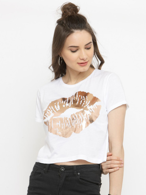 

plusS Women White Printed Round Neck T-shirt