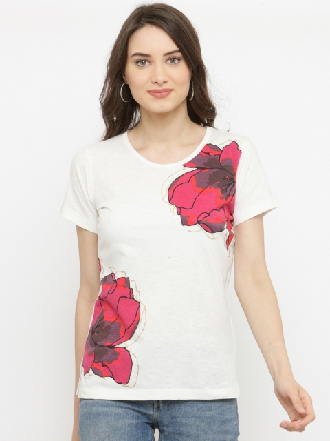 

plusS Women Off-White Printed Round Neck T-shirt