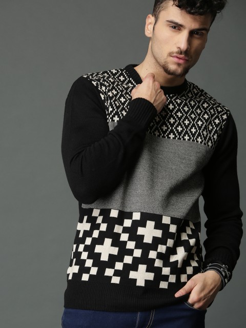 

Roadster Men Black & Off-White Self Design Pullover