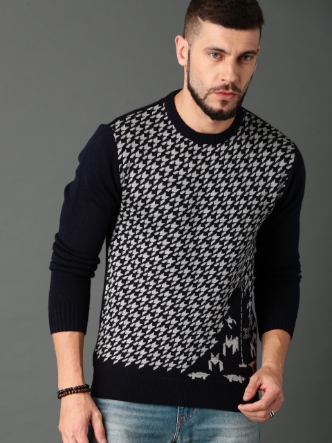 

Roadster Men Navy Blue Self-Design Pullover