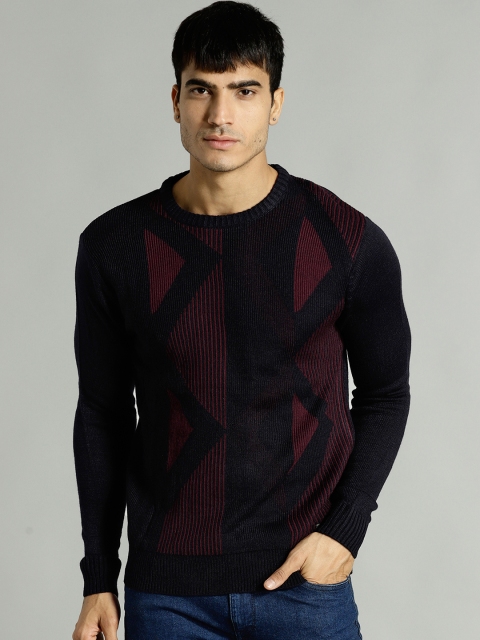 

Roadster Men Navy Blue & Maroon Self Design Pullover