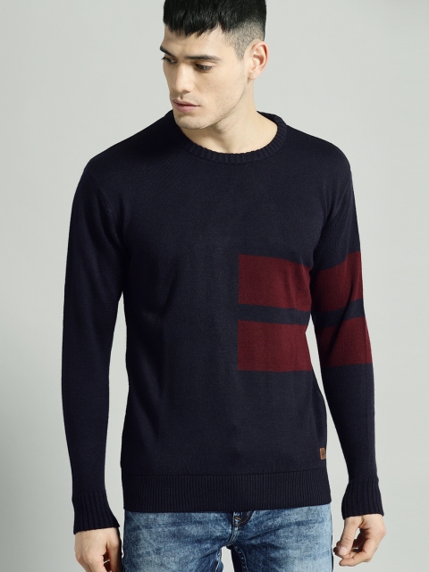 

Roadster Men Navy & Maroon Striped Pullover, Navy blue
