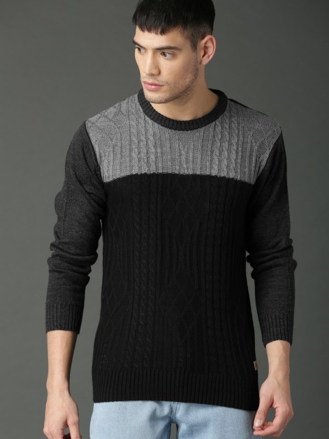 

Roadster Men Black & Grey Colourblocked Pullover