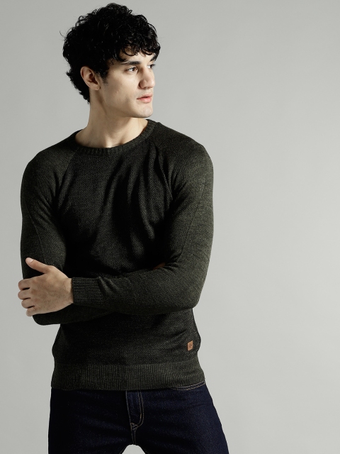 

Roadster Men Olive Green Self-Design Sweater