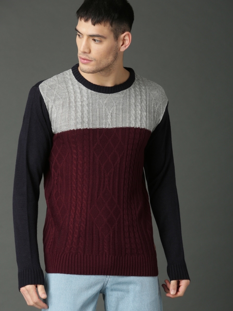 

Roadster Men Maroon & Grey Colourblocked Pullover