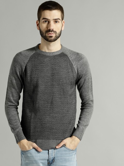 

Roadster Men Grey Self Design Pullover
