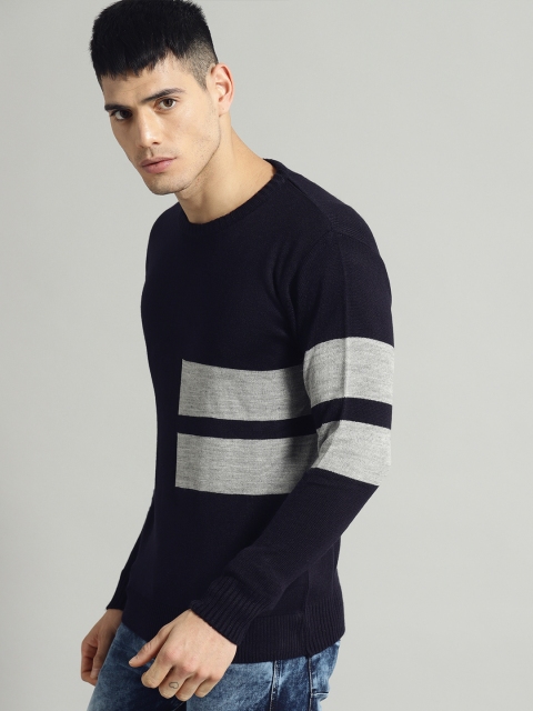 

Roadster Men Navy & Grey Striped Pullover, Navy blue