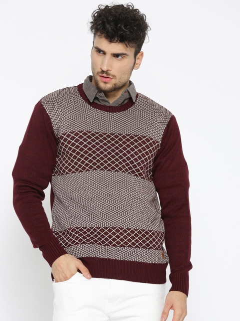 

Roadster Men Burgundy & White Self Design Pullover