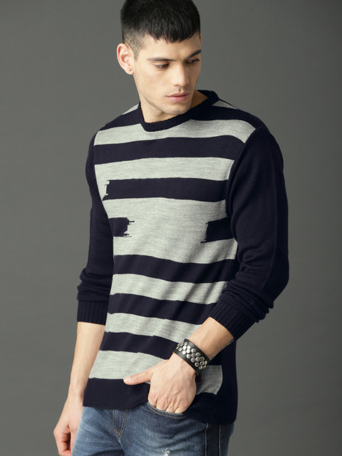 

Roadster Men Navy Blue & Grey Striped Pullover Sweater