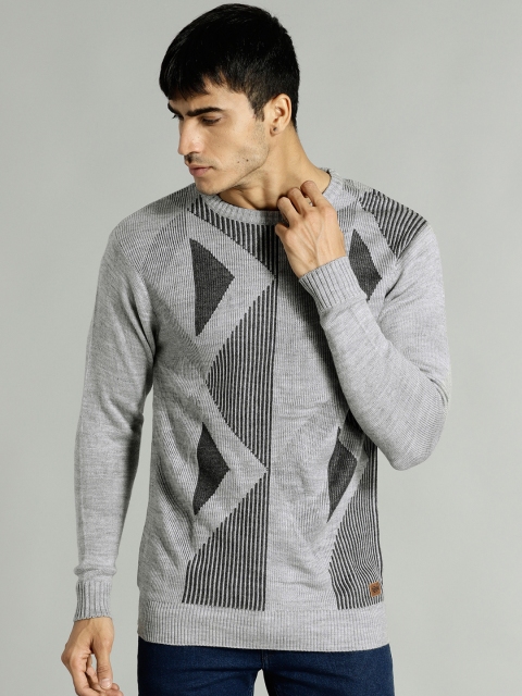 

Roadster Men Grey Self Design Pullover
