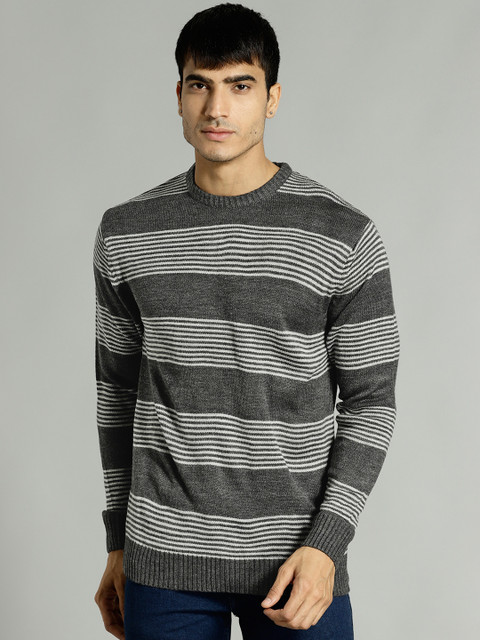

Roadster Men Grey Striped Pullover