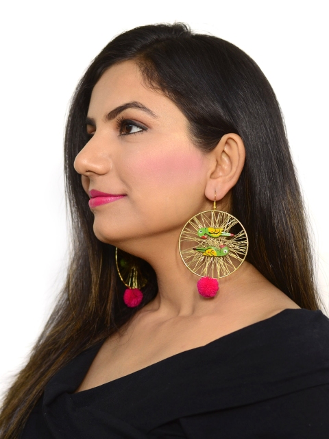 

Krafted with Happiness Gold-Toned & Pink Parrot Paradise Handcrafted Bohemian Earrings