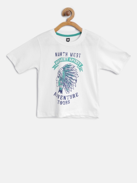 

612 league Boys White Printed Round Neck T-shirt