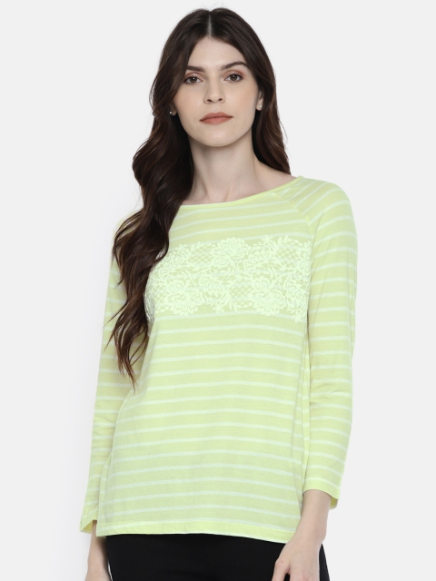 

Vero Moda Women Lime Green & White Striped Round Neck T-shirt
