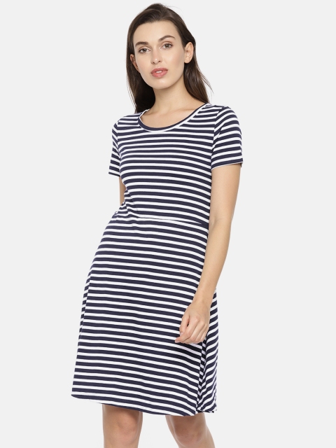 

Vero Moda Women White & Navy Striped Sheath Dress