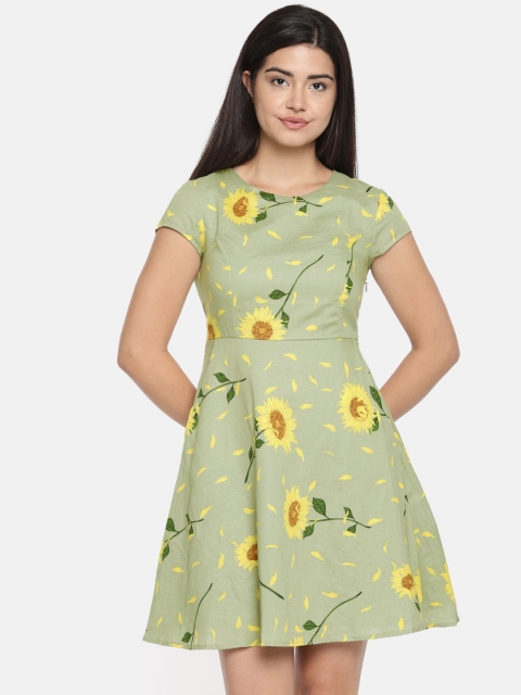 

Vero Moda Women Green & Yellow Printed Fit and Flare Dress