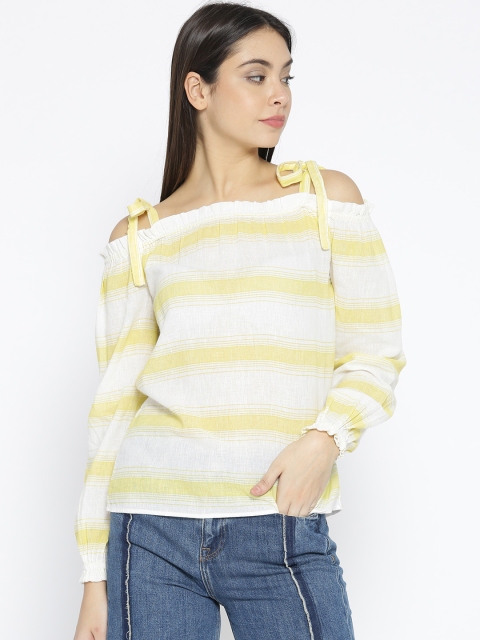 

Vero Moda Women Yellow & White Striped Bardot Top