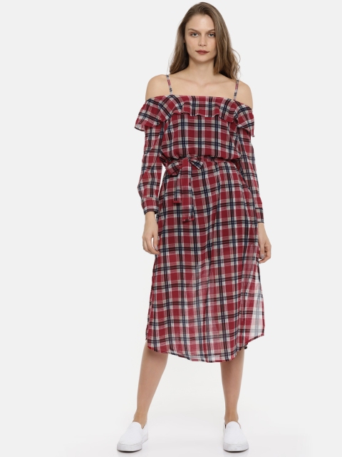 

Vero Moda Women Maroon Checked Fit & Flare Dress