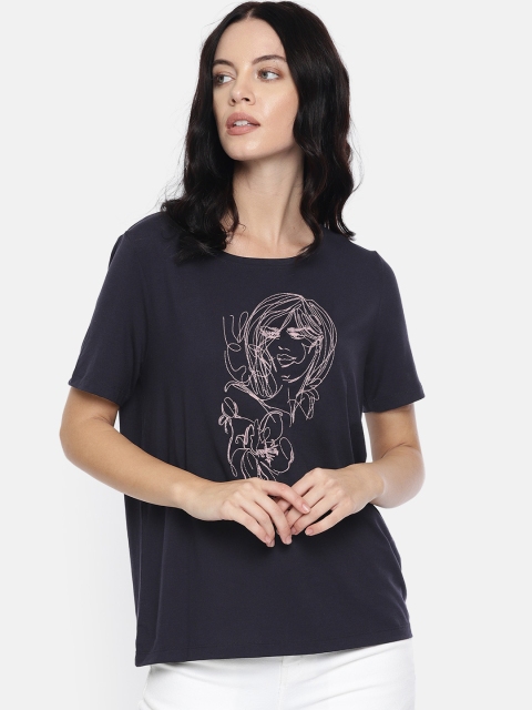 

Vero Moda Women Navy Blue Self Design Round Neck T-shirt