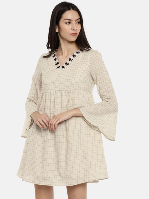 

Vero Moda Women Beige Checked A-Line Dress