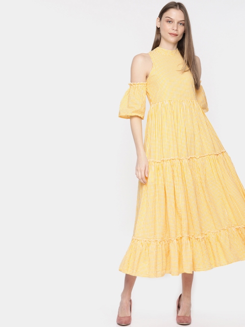 

Vero Moda Women White & Yellow Checked Fit and Flare Dress With Gathered Detail