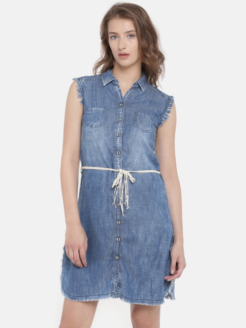 

Deal Jeans Women Blue Solid Shirt Chambray Dress