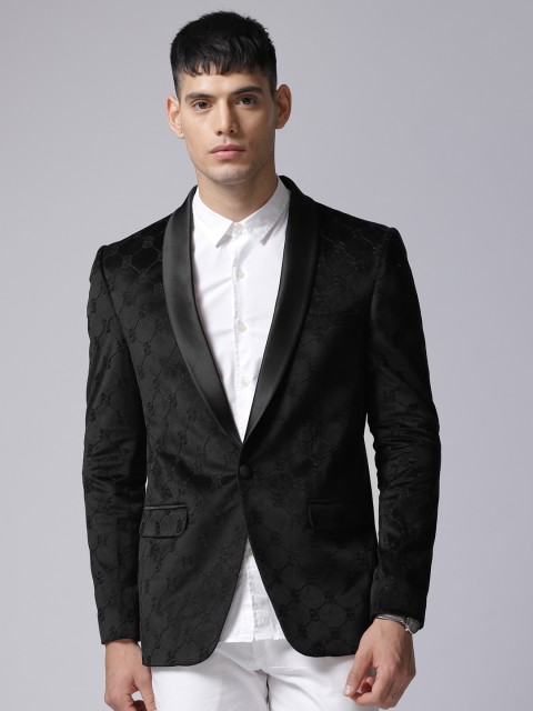 

True Blue Black Self-Design Singe-Breasted Casual Blazer