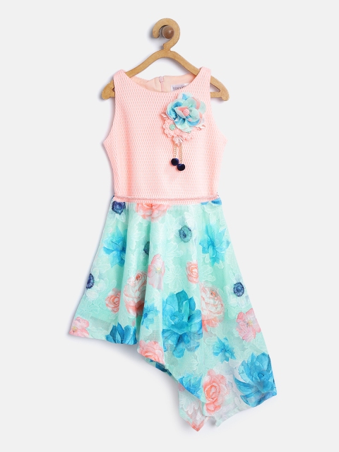 

Tiny Girl Peach-Coloured & Green Floral Print A-Line Dress
