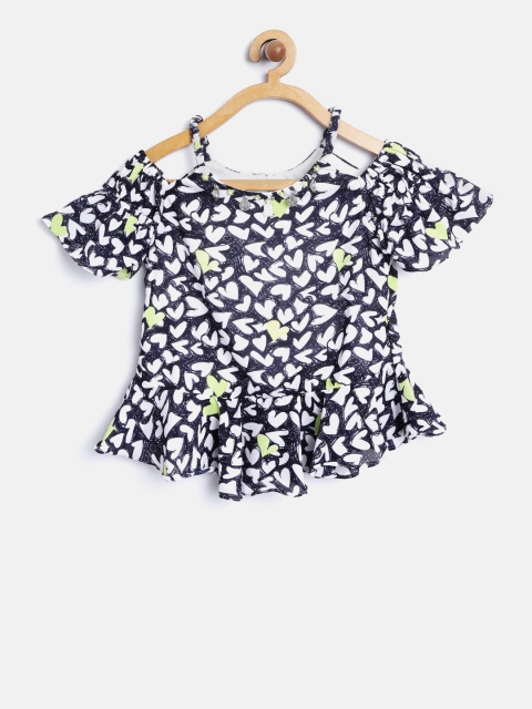 

Tiny Girl Navy Blue & White Printed Cold-Shoulder A-Line Top