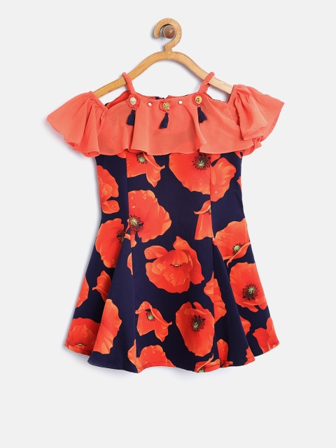 

Tiny Girl Navy Blue & Orange Floral Print A-Line Dress