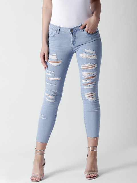 

FOREVER 21 Women Blue Regular Fit Mid-Rise Highly Distressed Stretchable Cropped Jeans