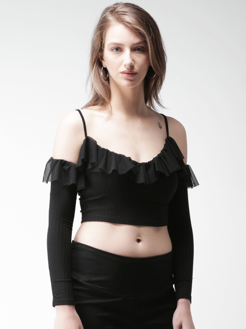 

FOREVER 21 Women Black Solid Crop Bardot Top