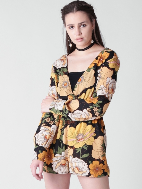 

FOREVER 21 Black & Mustard Yellow Floral Print Playsuit