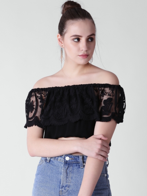 

FOREVER 21 Women Black Crop Bardot Top