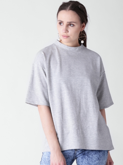 

FOREVER 21 Women Grey Melange Solid Round Neck T-shirt