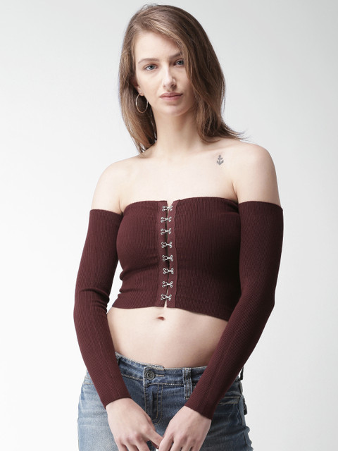 

FOREVER 21 Women Burgundy Solid Bardot Top