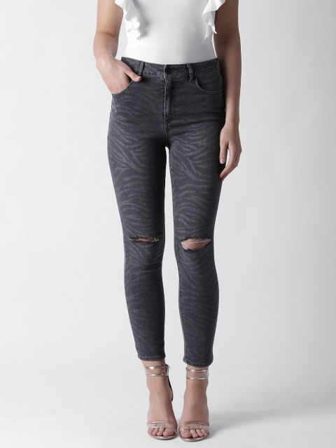 

FOREVER 21 Women Charcoal Grey Printed Mid-Rise Slash Knee Stretchable Jeans