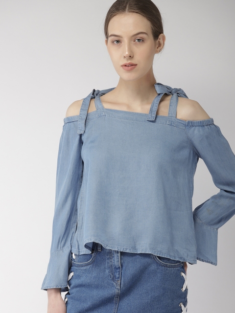 

FOREVER 21 Women Blue Solid Chambray Top