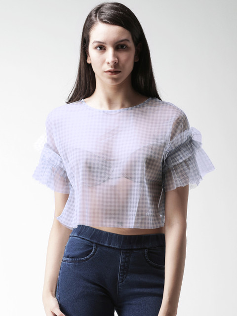 

FOREVER 21 Women Blue & White Checked Sheer Top