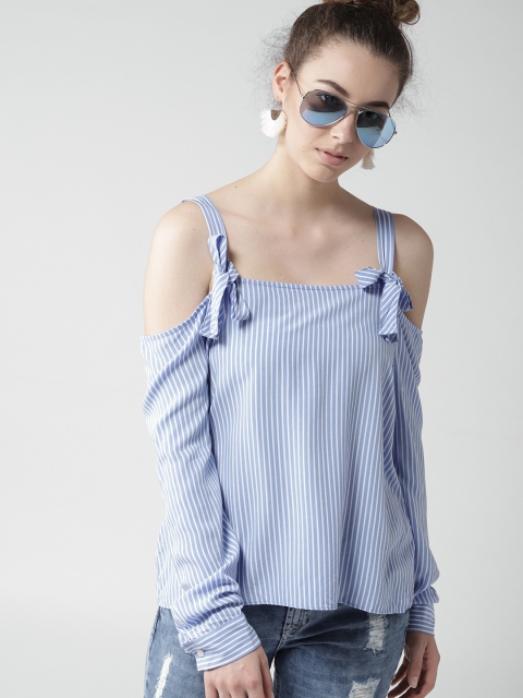 

FOREVER 21 Women Blue Striped Bardot Top