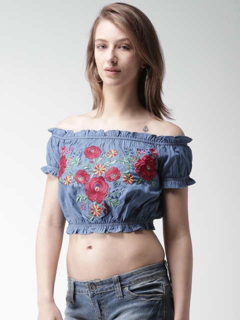 

FOREVER 21 Women Blue Self Design Bardot Crop Top
