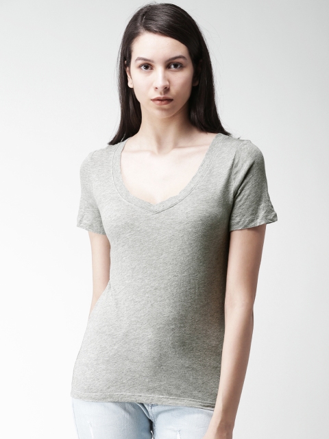 

FOREVER 21 Women Grey Melange Solid V-Neck T-shirt