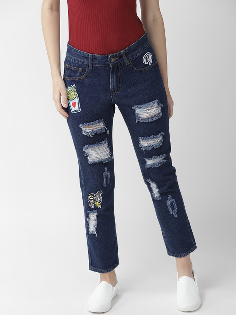 

FOREVER 21 Women Blue Regular Fit Applique Detail Highly Distressed Jeans