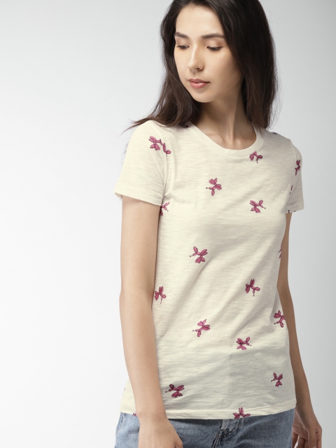 

FOREVER 21 Women Off-White Conversational Printed Round Neck T-shirt