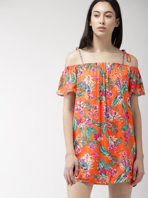 

FOREVER 21 Women Orange Printed A-Line Dress