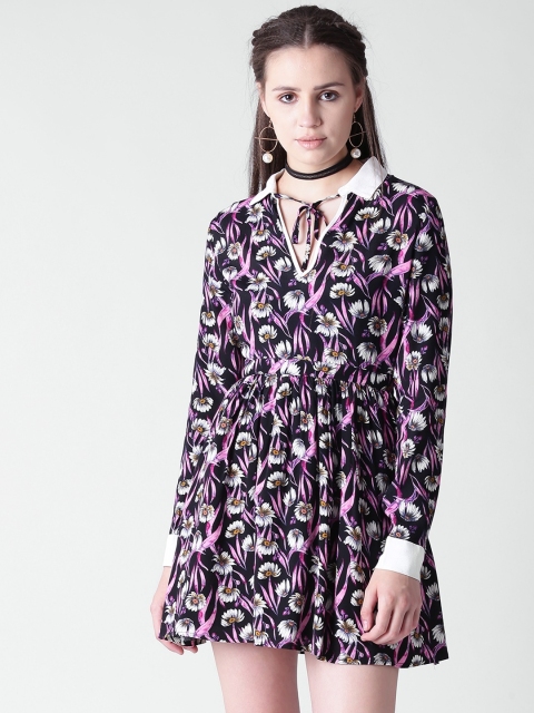 

FOREVER 21 Women Black & Purple Floral Print Fit and Flare Dress