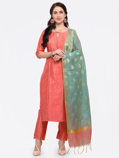 

Inddus Sea Green & Pink Woven Design Banarasi Dupatta